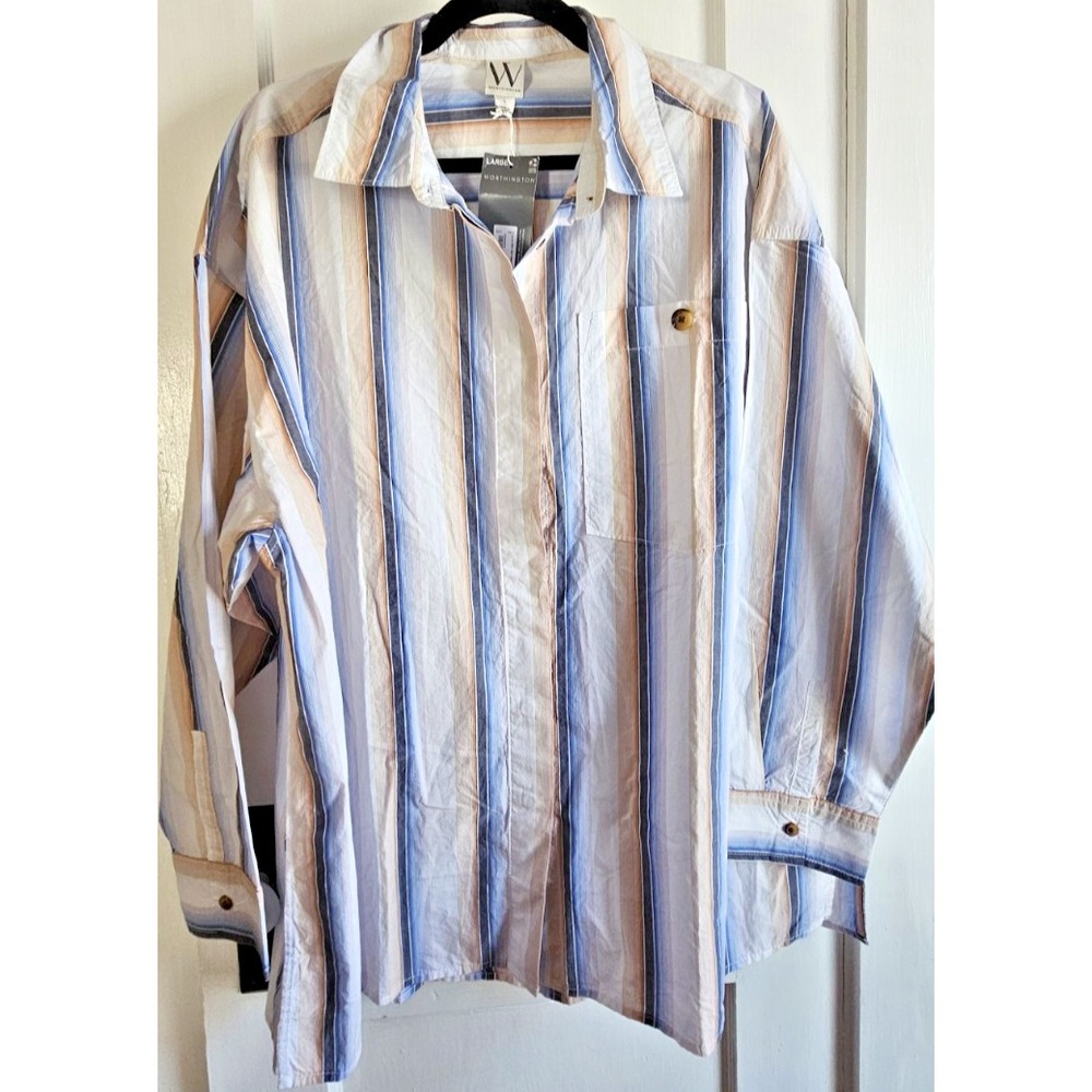 NWT Worthington woman long sleeve side slits button up long shirt striped Sz L